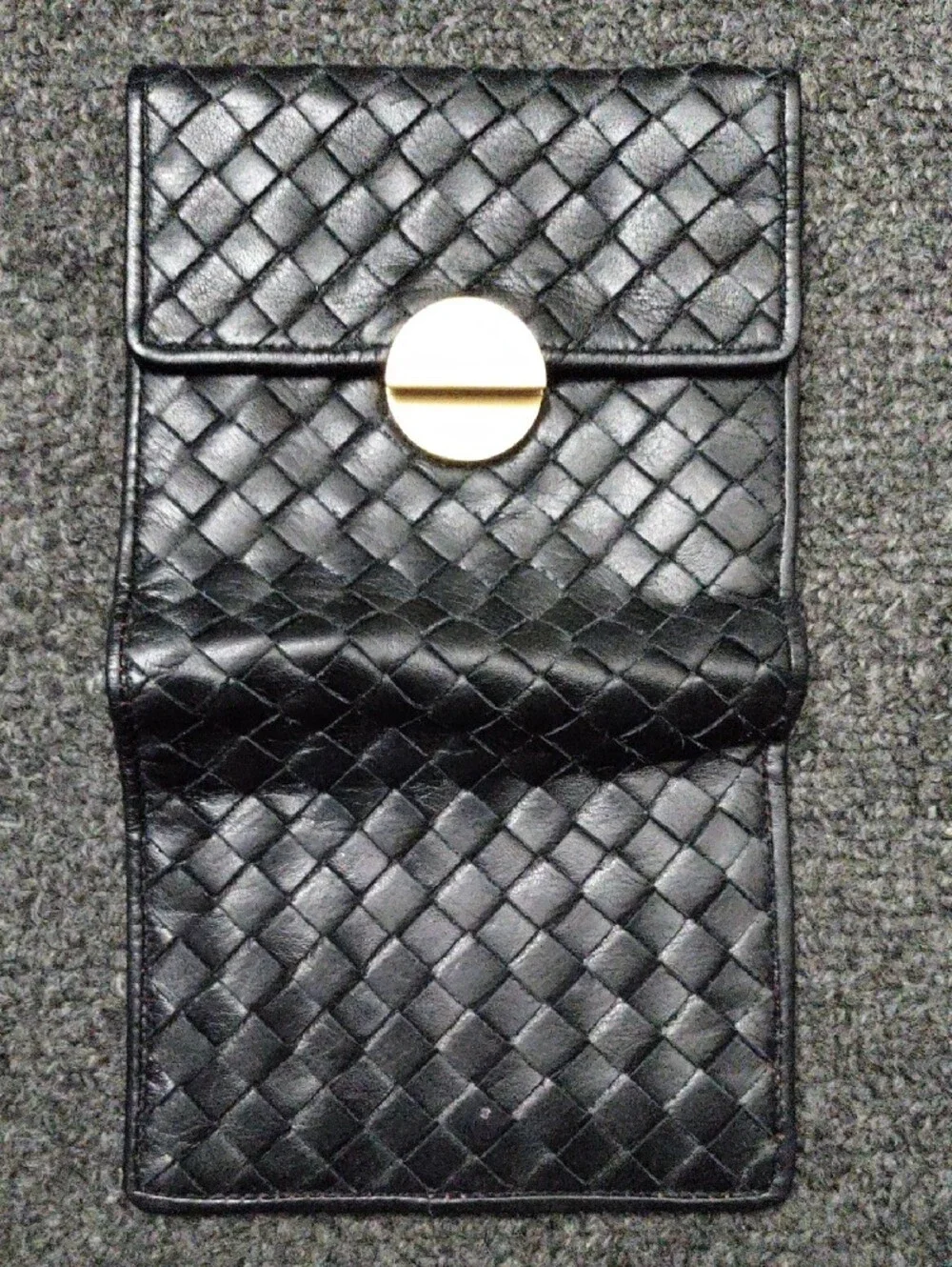 JAY HERBERT Black Woven Leather Compact Wallet with Gold Accent